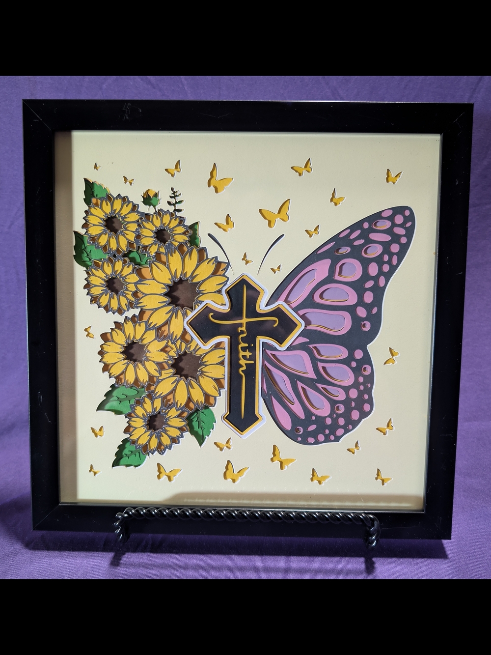 Sunflower & Butterfly Cross Faith Papercraft Wall Art - Yellow, Pink, Black